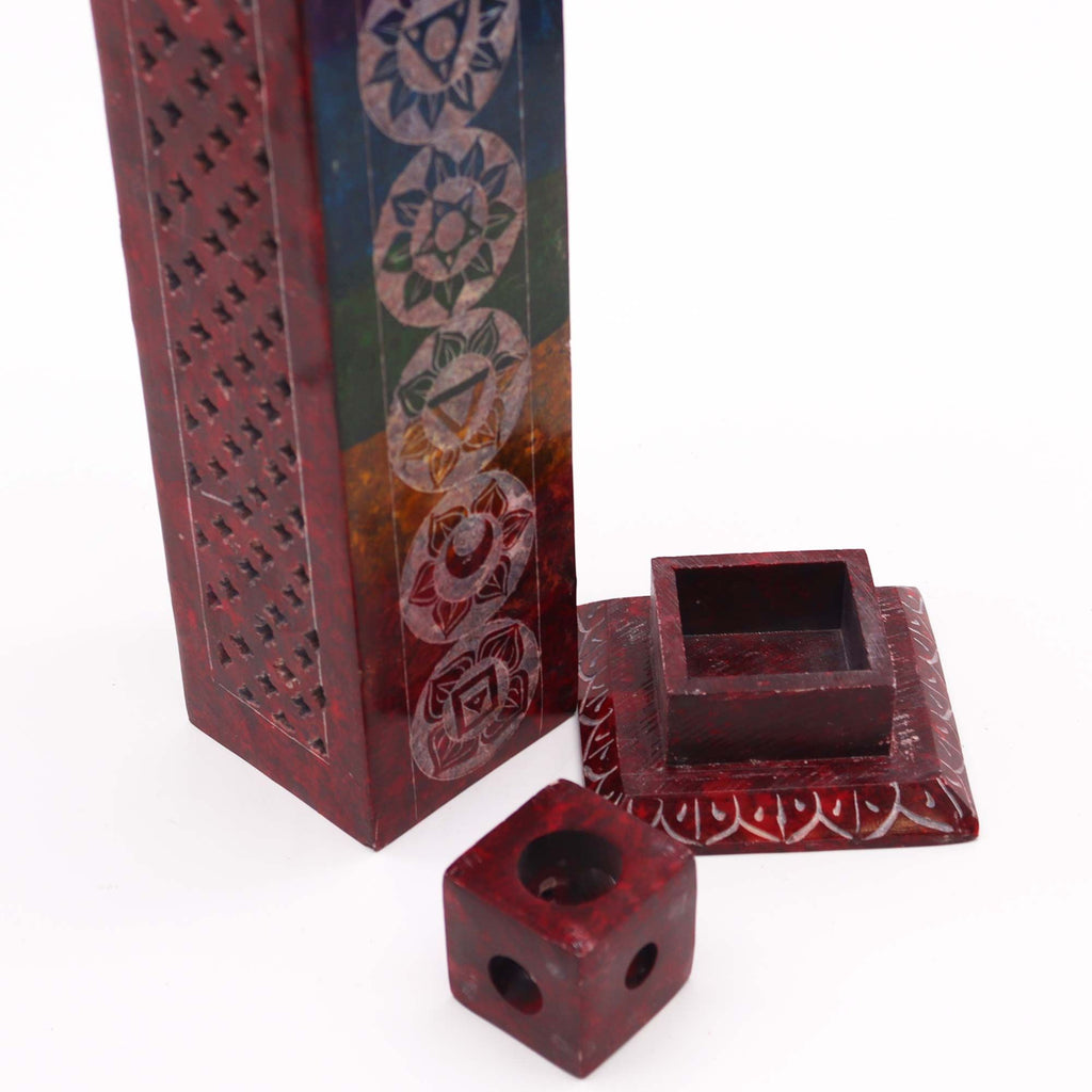 Soapstone Square Tower Incense Holder with 7 Chakra Design