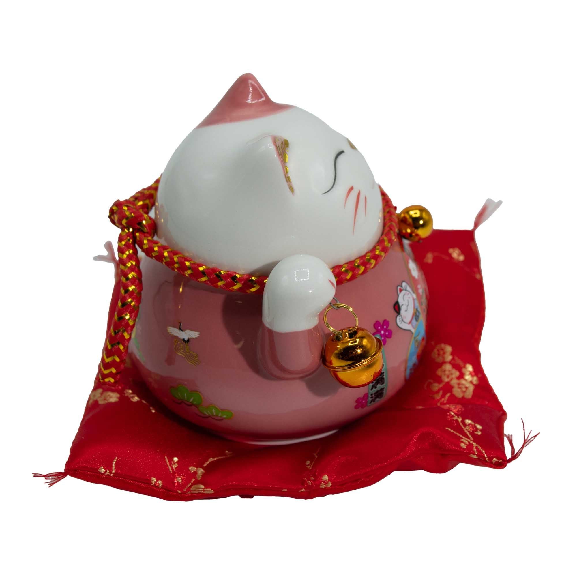 Ceramic Money Cat Moving Hand Pink on Cushion for Cheerful Decor