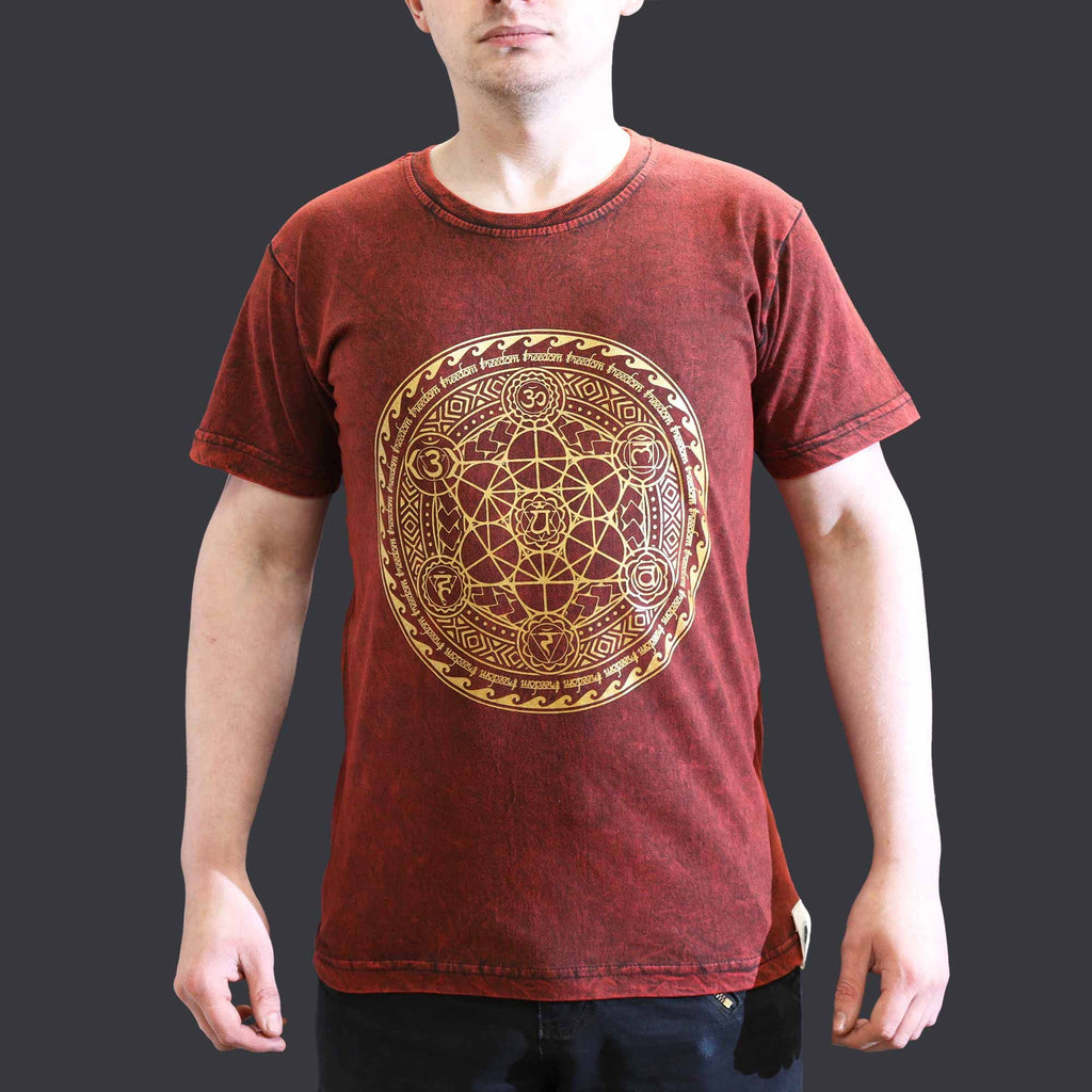 Nomad Sari Stonewashed Cotton T Shirt with Chakra Design in Maroon