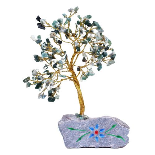 Moss Agate Gemstone Tree with Natural Rock Base for Home Decor