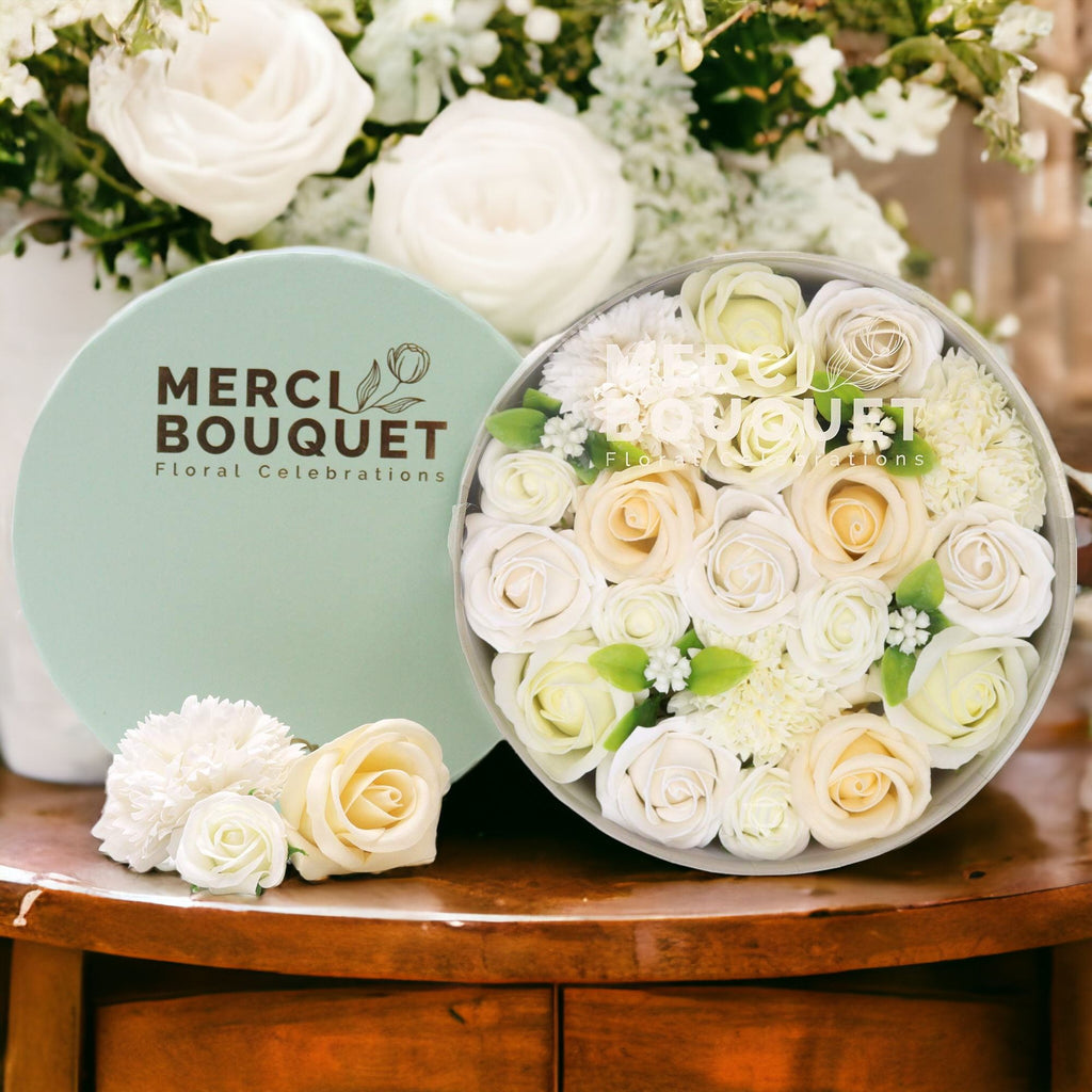 Round Box Wedding Blessings Soap Flowers Gift in White and Ivory