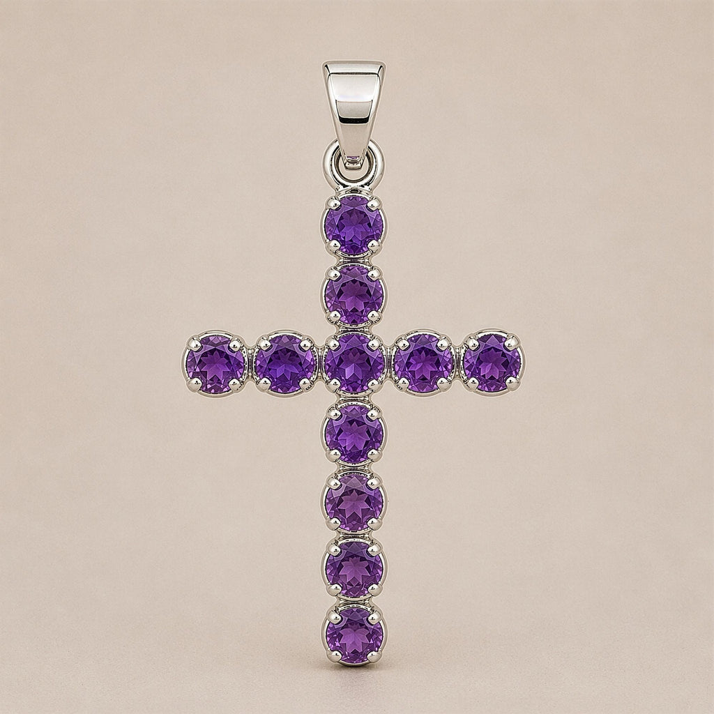 Indian Devotional Pendant with Amethyst Crucifix and Silver Chain