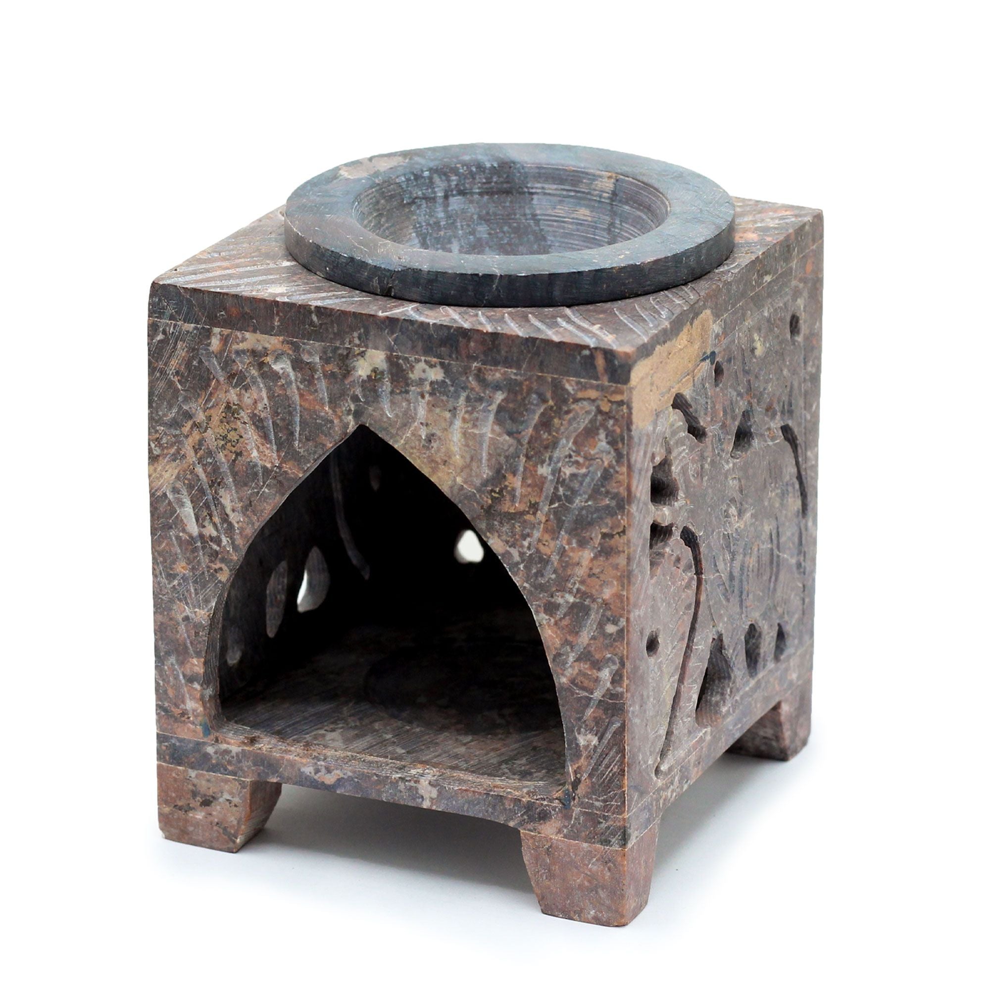 Square Soapstone Oil Burner with Elephant Design for Aromatherapy