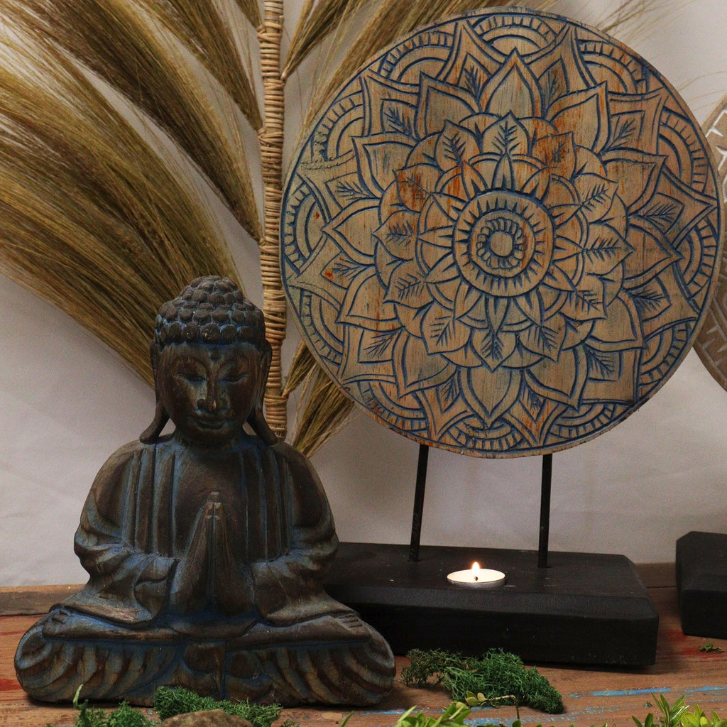Buddha Feng Shui Set with Flower Mandala Design in Soothing Blue