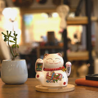 Solar Powered Japanese Lucky Cat on Wooden Base – Pink