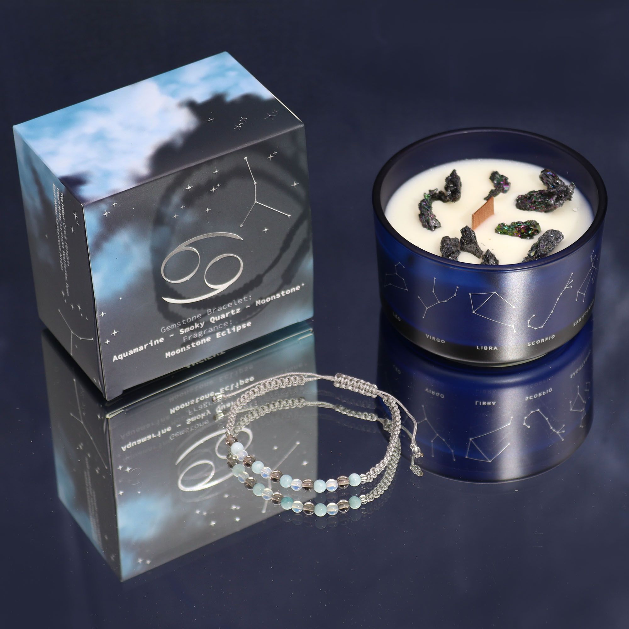 Zodiac Crystal Candle with Gemstone Bracelet for Cancer Sign
