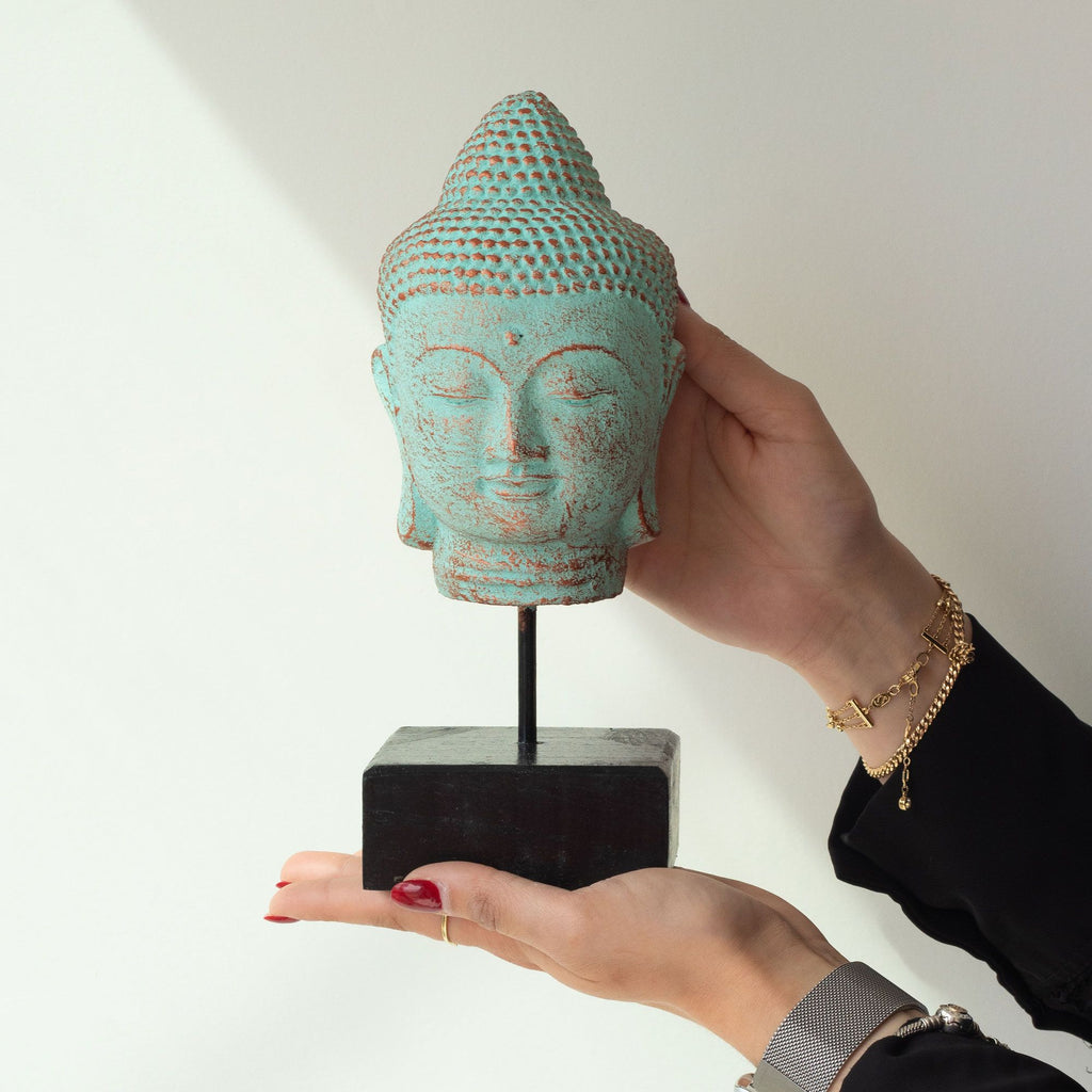 Stillness Buddha Head on Stand Serene Green Copper Home Decor Piece