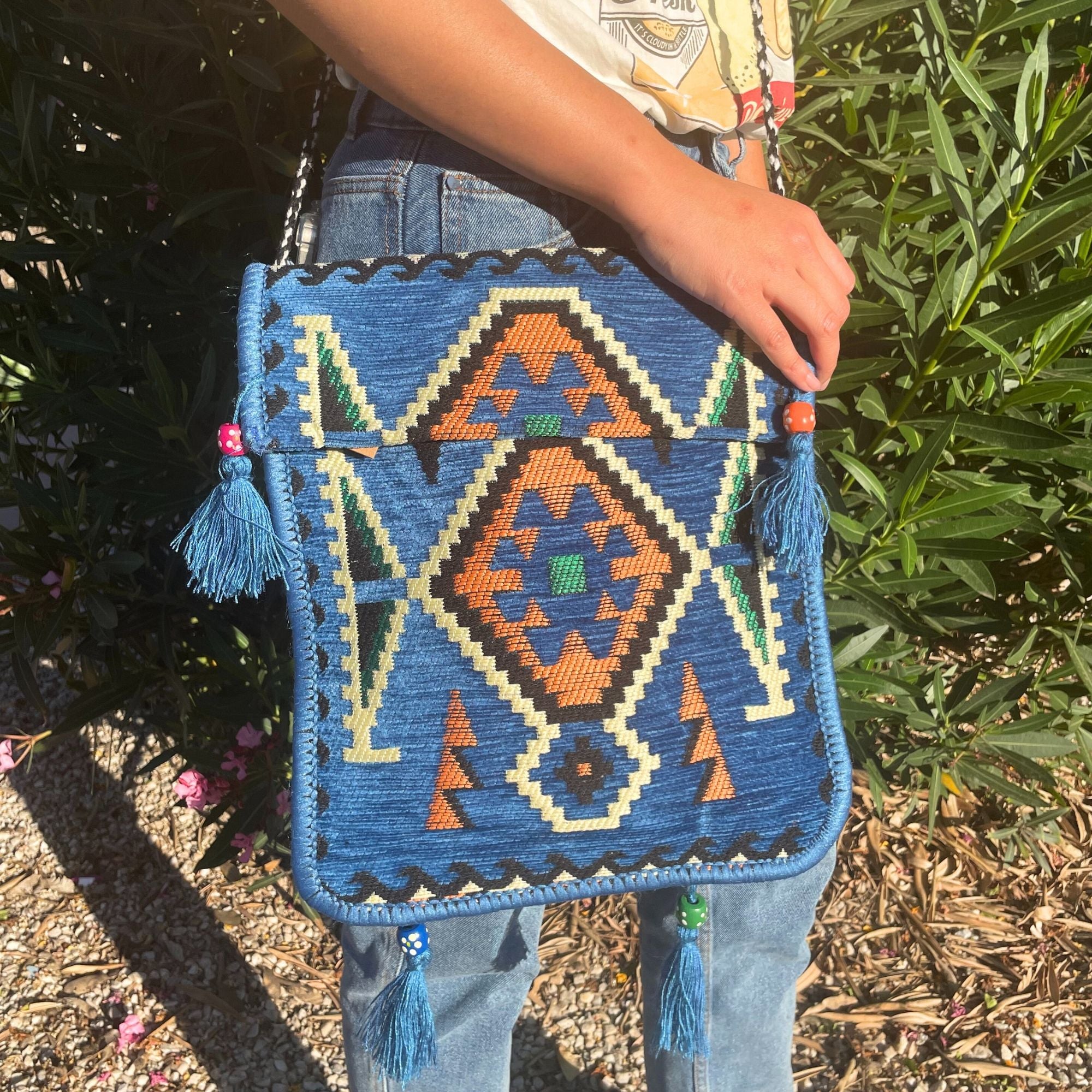Sky Blue Kilim Messenger Festival Bag for Summer Adventures