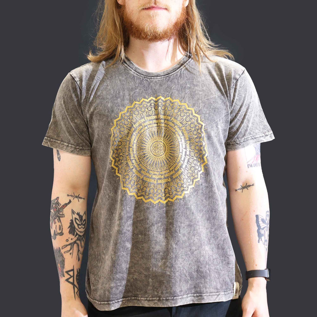 Nomad Sari Stonewashed Cotton T Shirt with Mandala Design Grey
