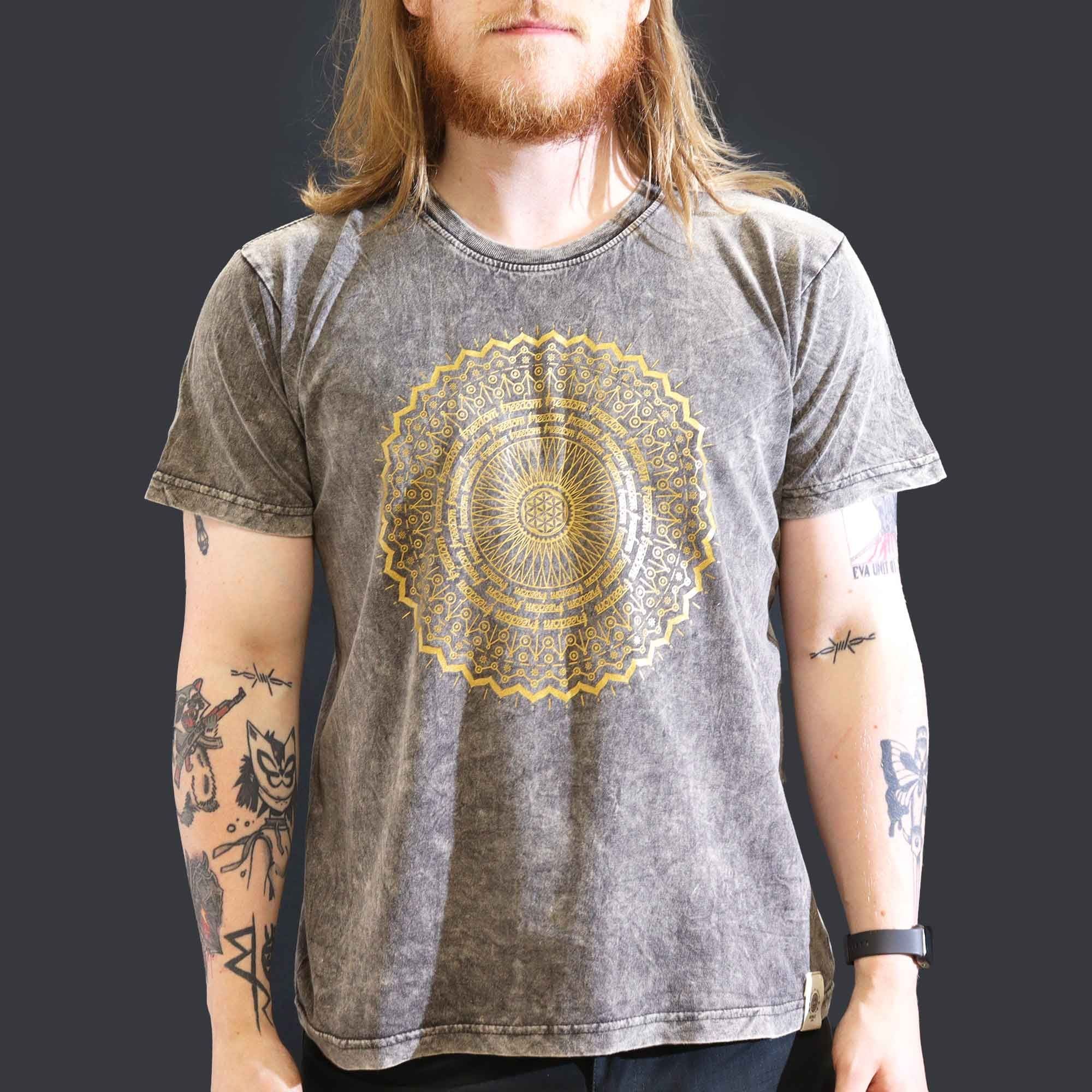 Nomad Sari Stonewashed Cotton T Shirt with Mandala Design Grey