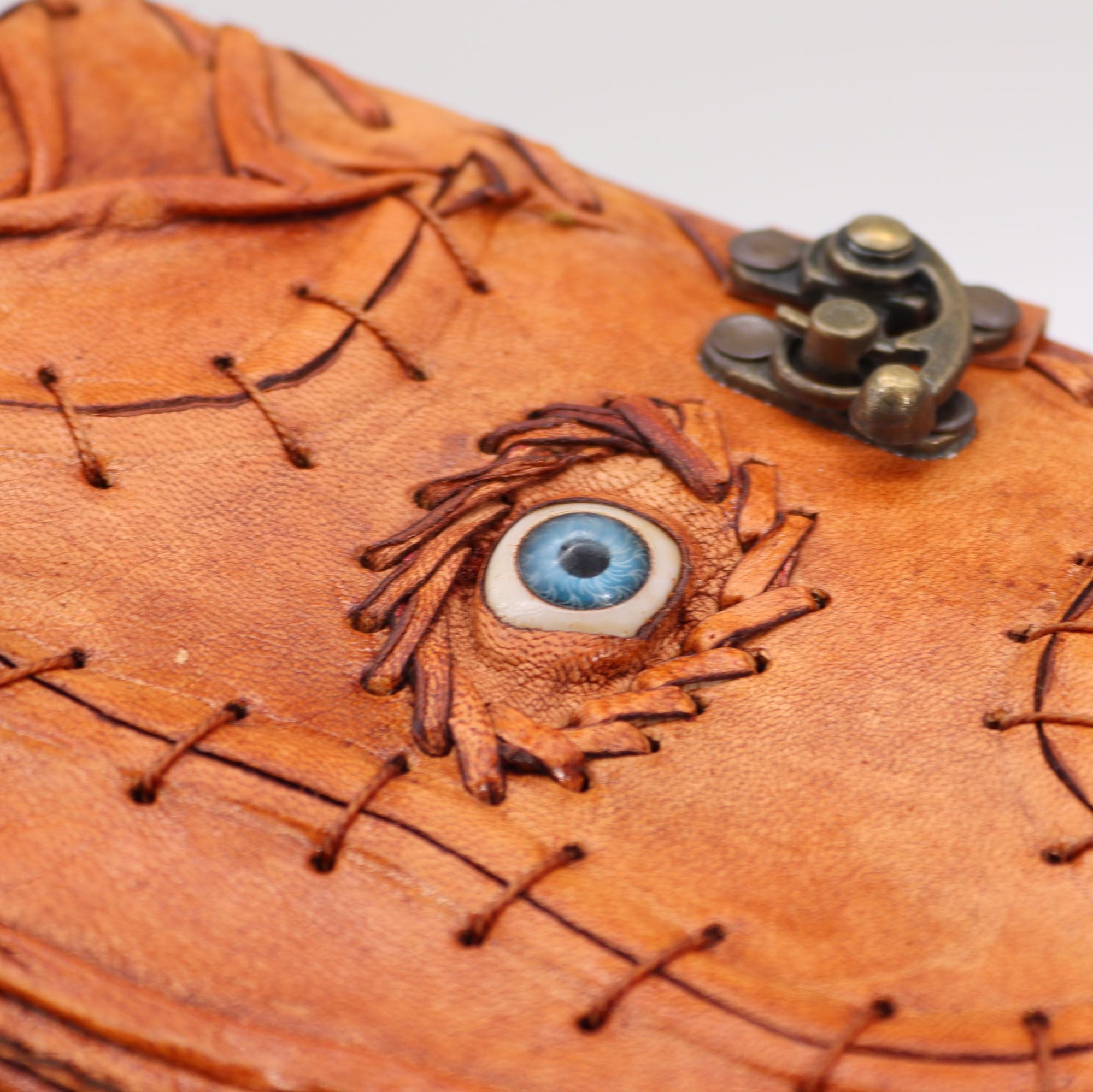 Light Brown Tan Leather Notebook with Evil Eye Decor and Pages