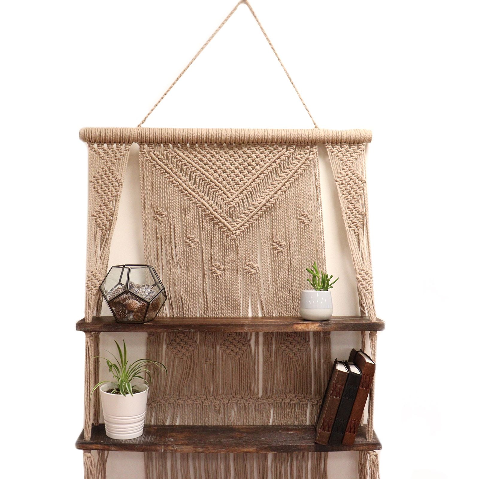 Brown Macrame Hanging Shelves for Boho Home Decor Display