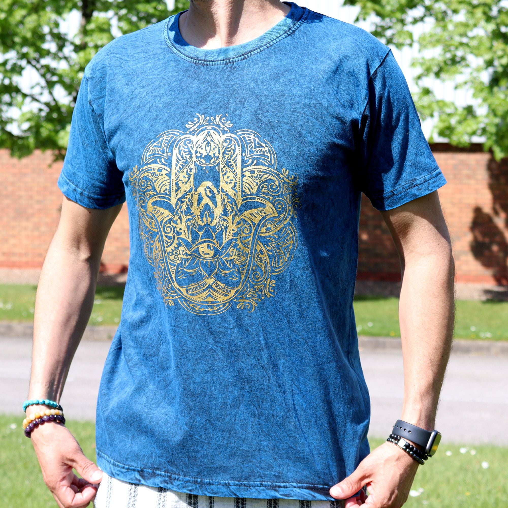 Nomad Sari Stonewashed Cotton T Shirt with Hamsa Design in Blue