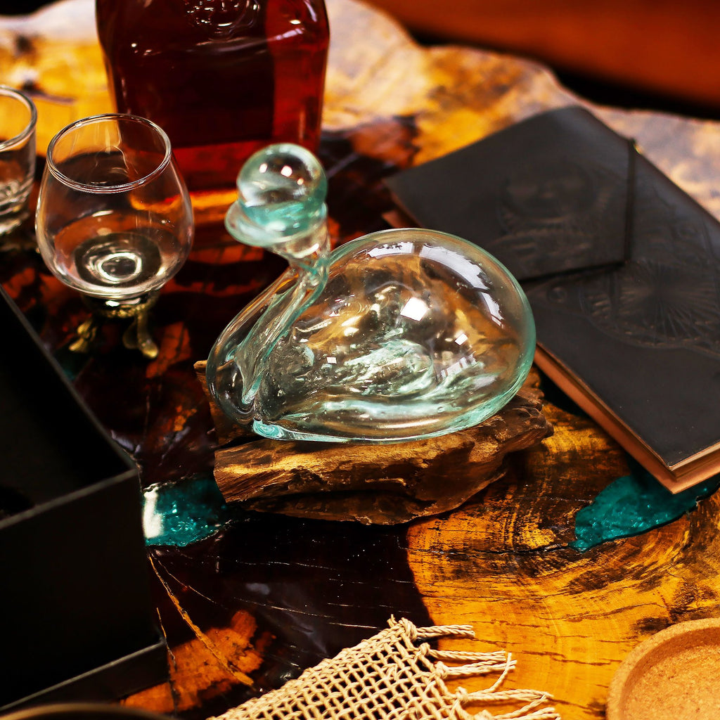 Unique Molten Glass Duck Decanter on Wood with Elegant Stopper