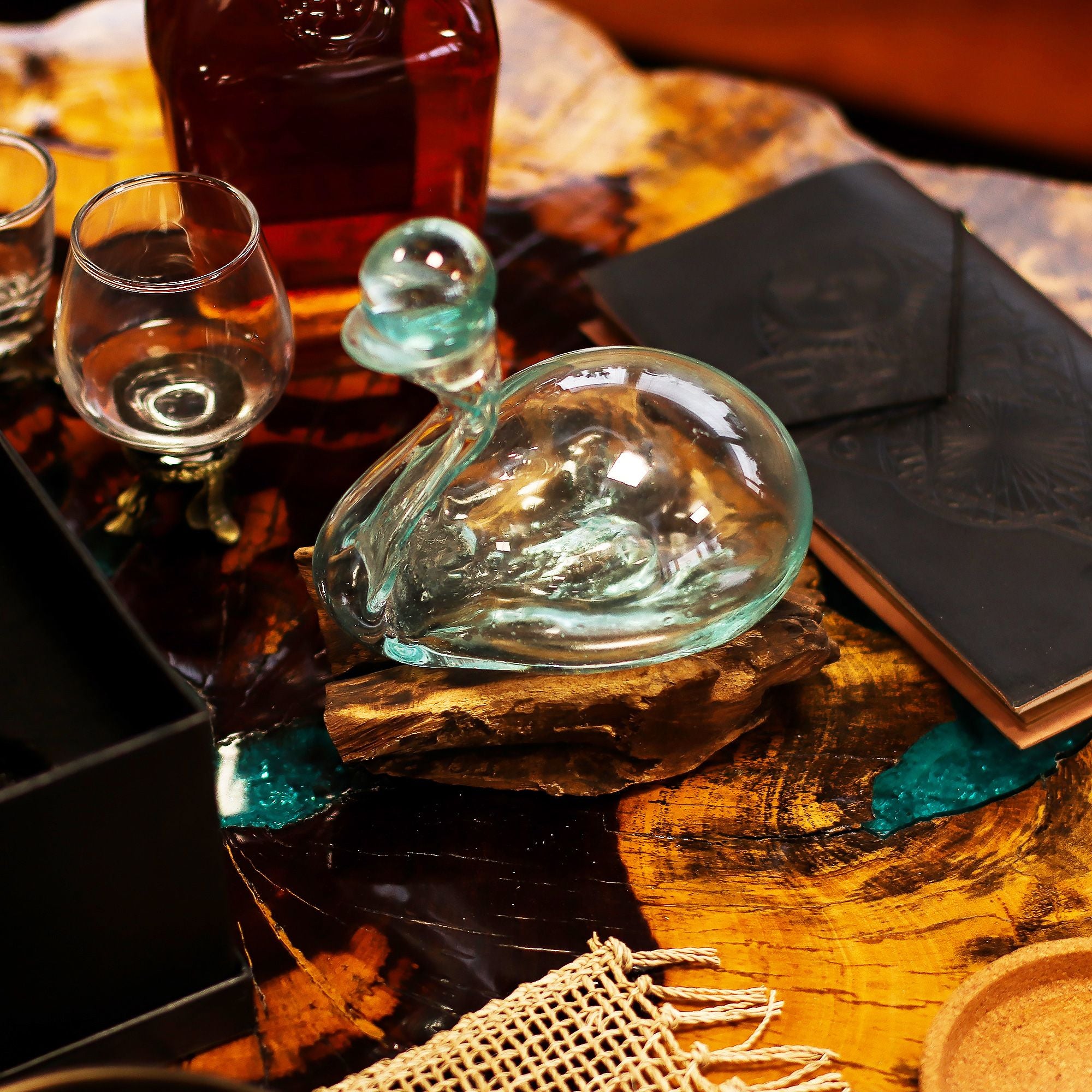 Unique Molten Glass Duck Decanter on Wood with Elegant Stopper