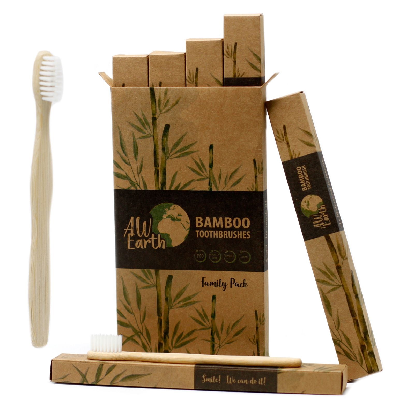 Bamboo Toothbrush Family Pack of 4 with Medium Soft Bristles