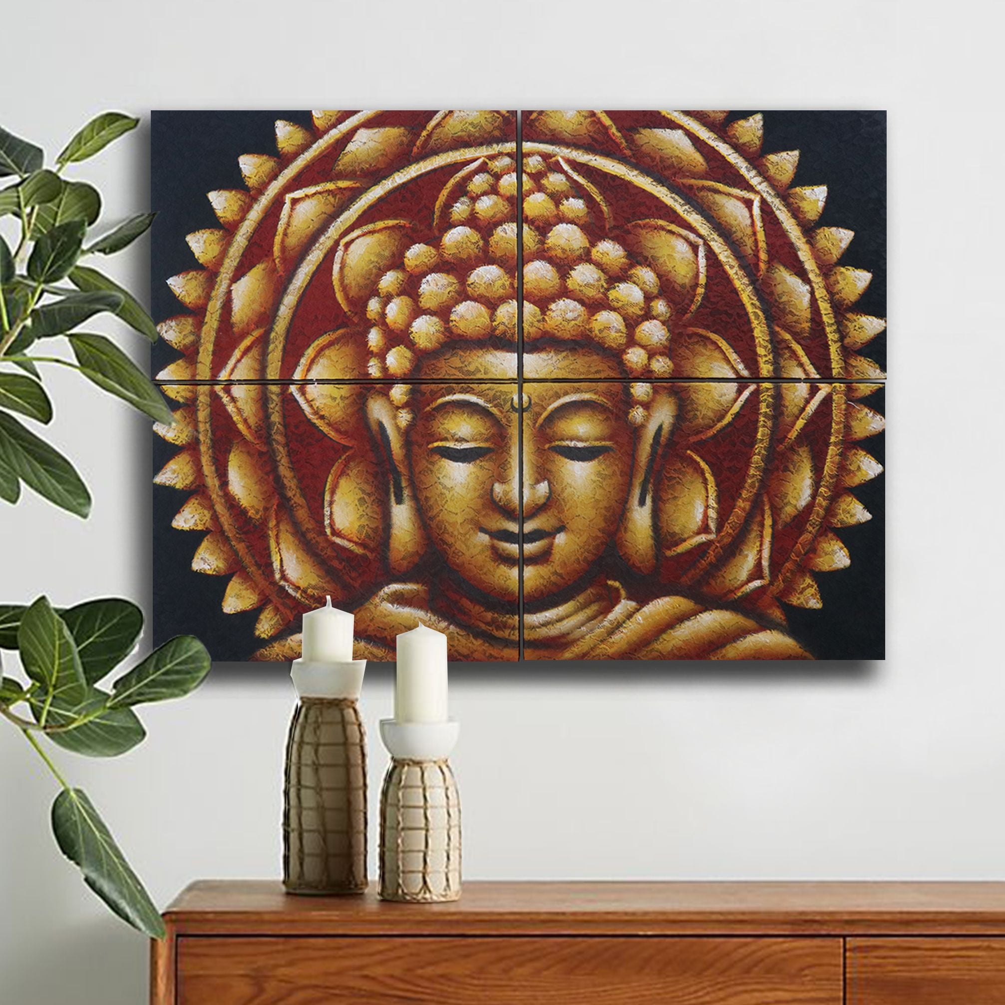 Set of 4 Gold Buddha Mandala Brocade Detail Paintings 30x40cm