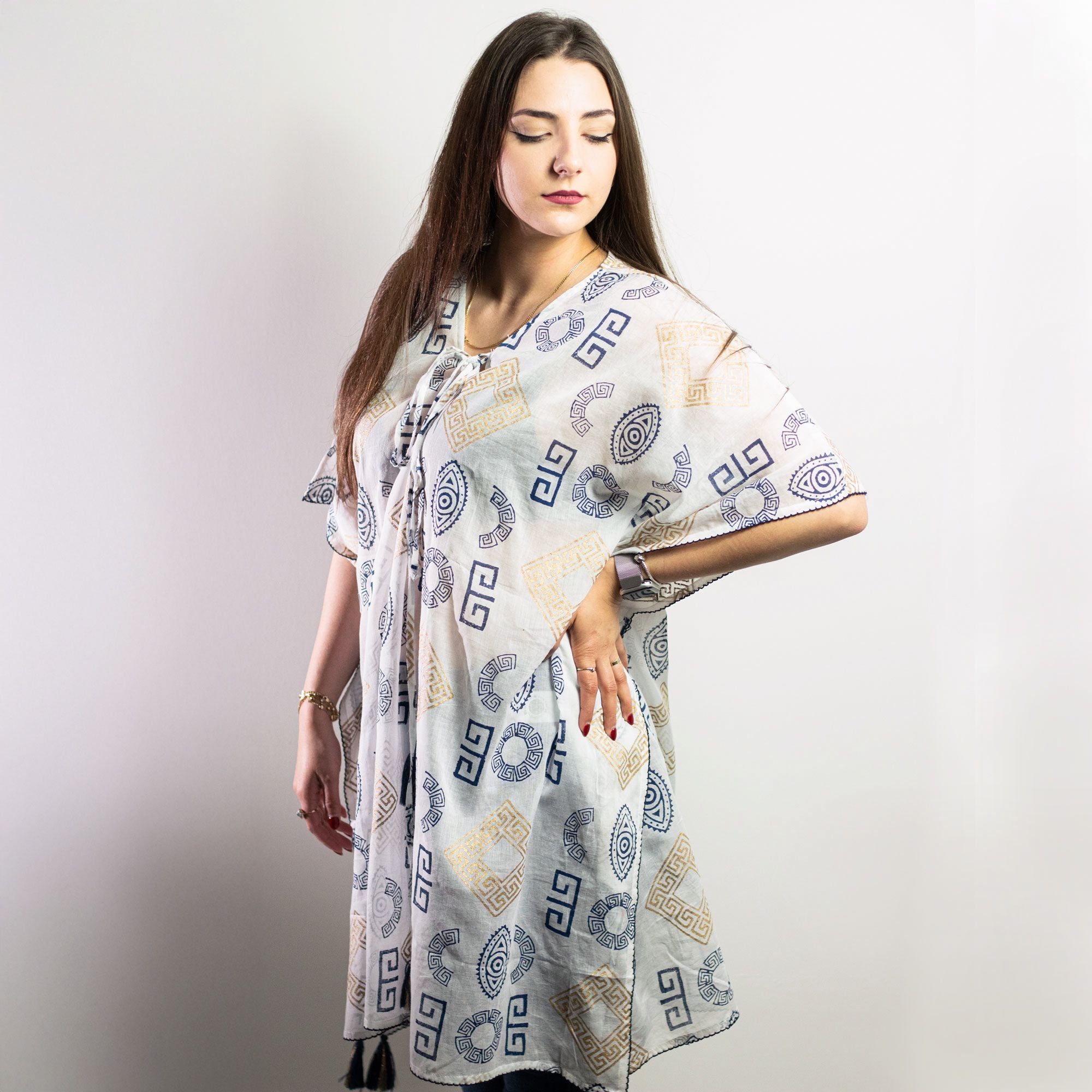 Nomad Sari Kaftan in Blue and Gold with Greek Motif Design