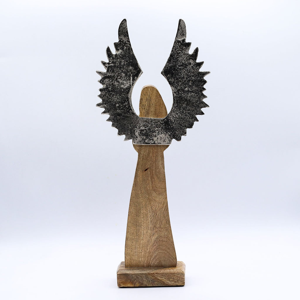 Large Mango Wood Guardian Angel with Metal Wings & Enamel Detail