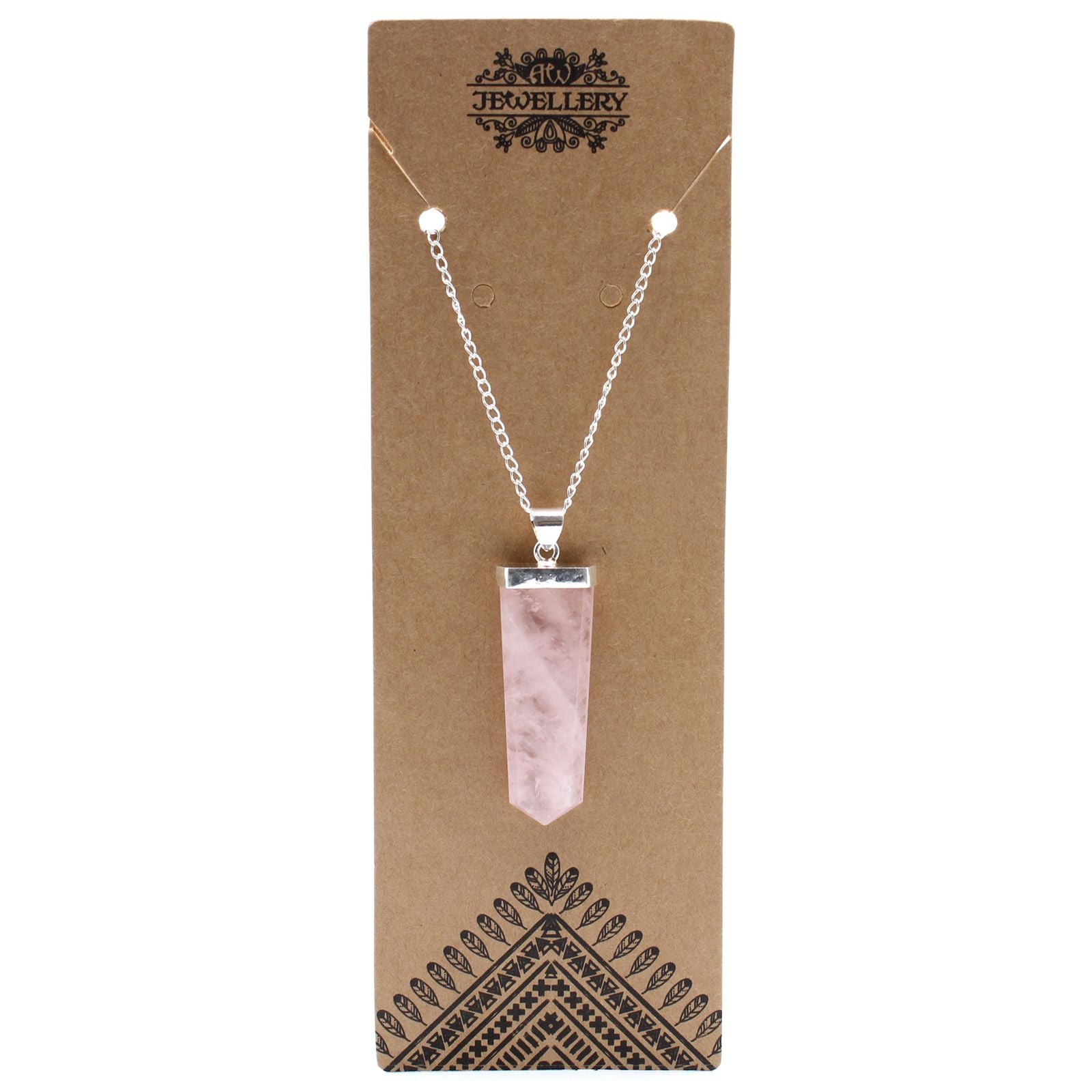 Gemstone Flat Pencil Pendant with Rose Quartz and Silver Chain
