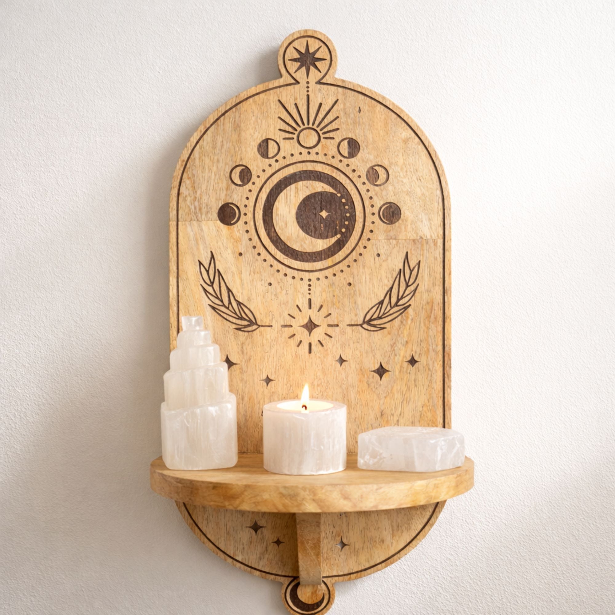 Moon Phase and Tree Carved Arch Wall Shelf for Home Display