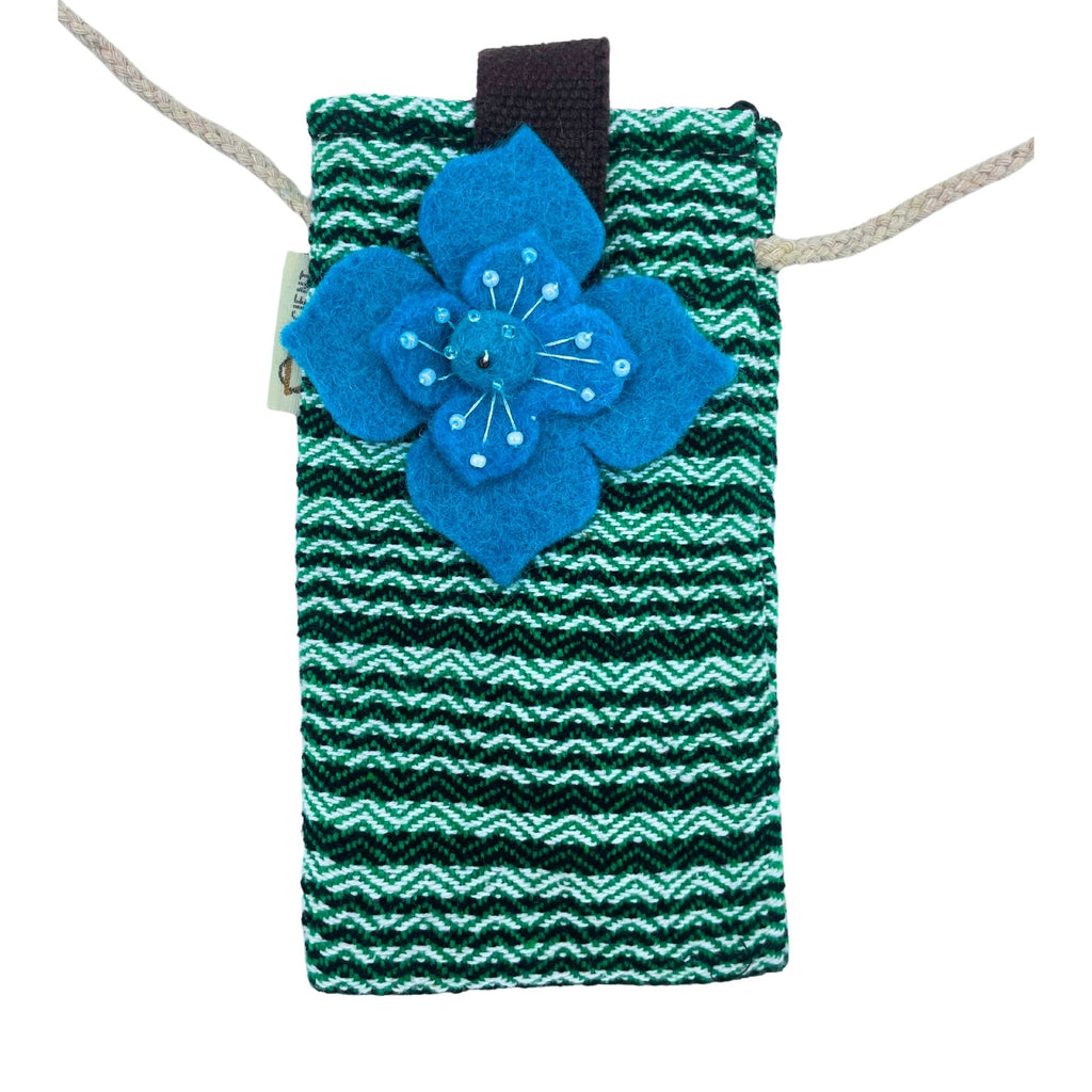 Handmade Phone Holder Bag with Green Stripes and Flower Decor