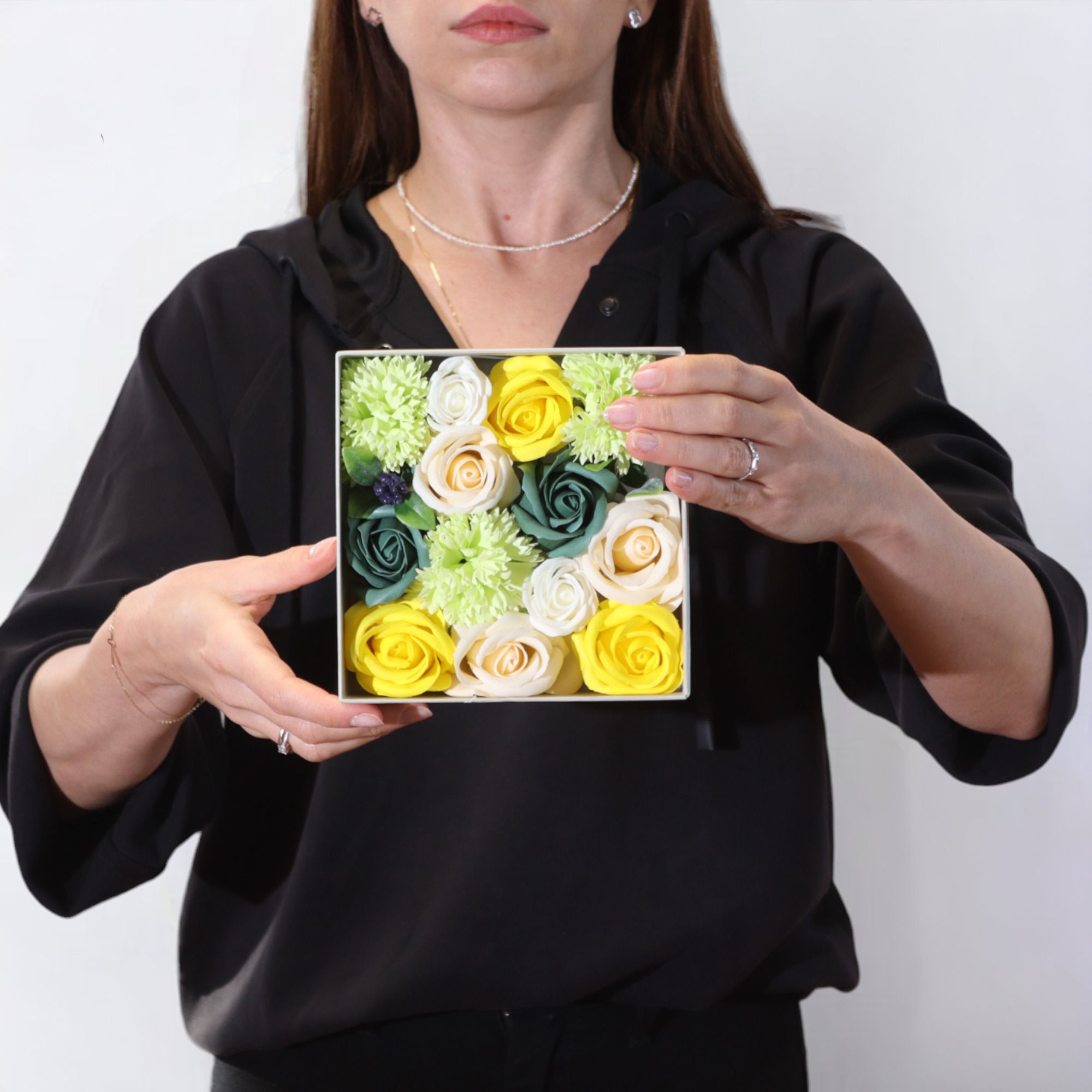 Square Box Spring Celebrations Soap Flowers in Yellow and Greens