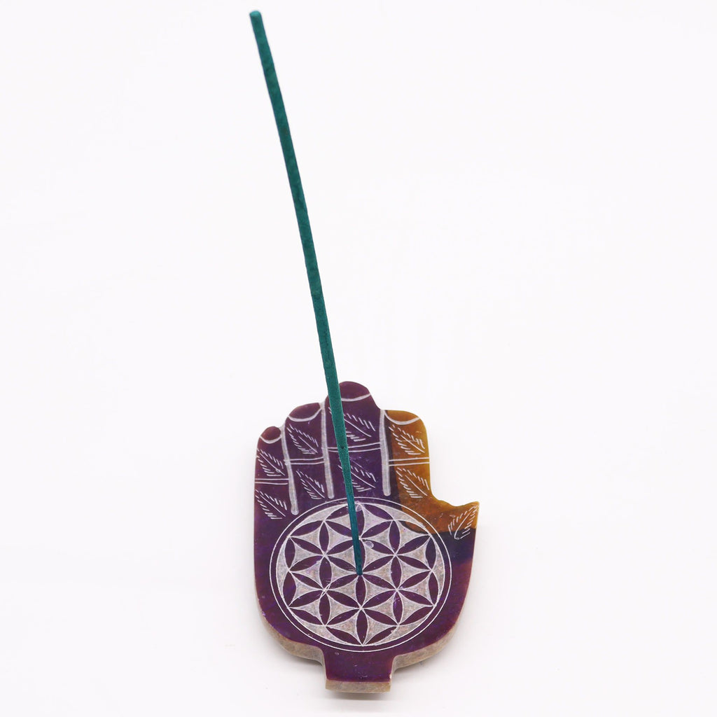Soapstone Med Hamsa Incense Holder with Flower of Life Design