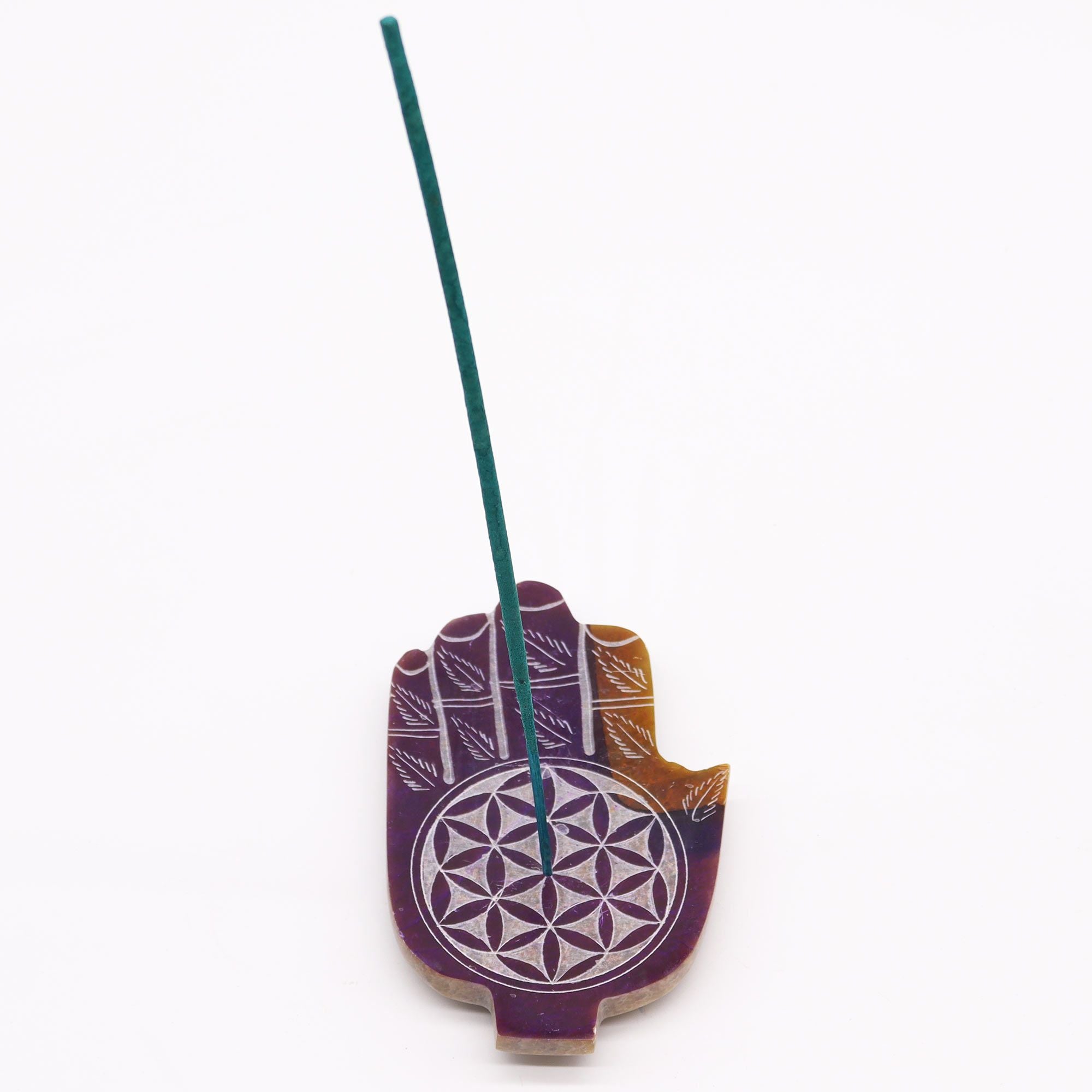 Soapstone Med Hamsa Incense Holder with Flower of Life Design