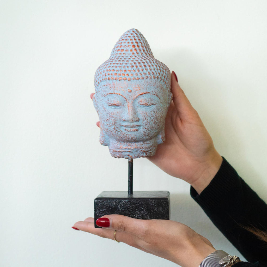 Stillness Buddha Head on Stand in Blue Copper for Serenity Decor