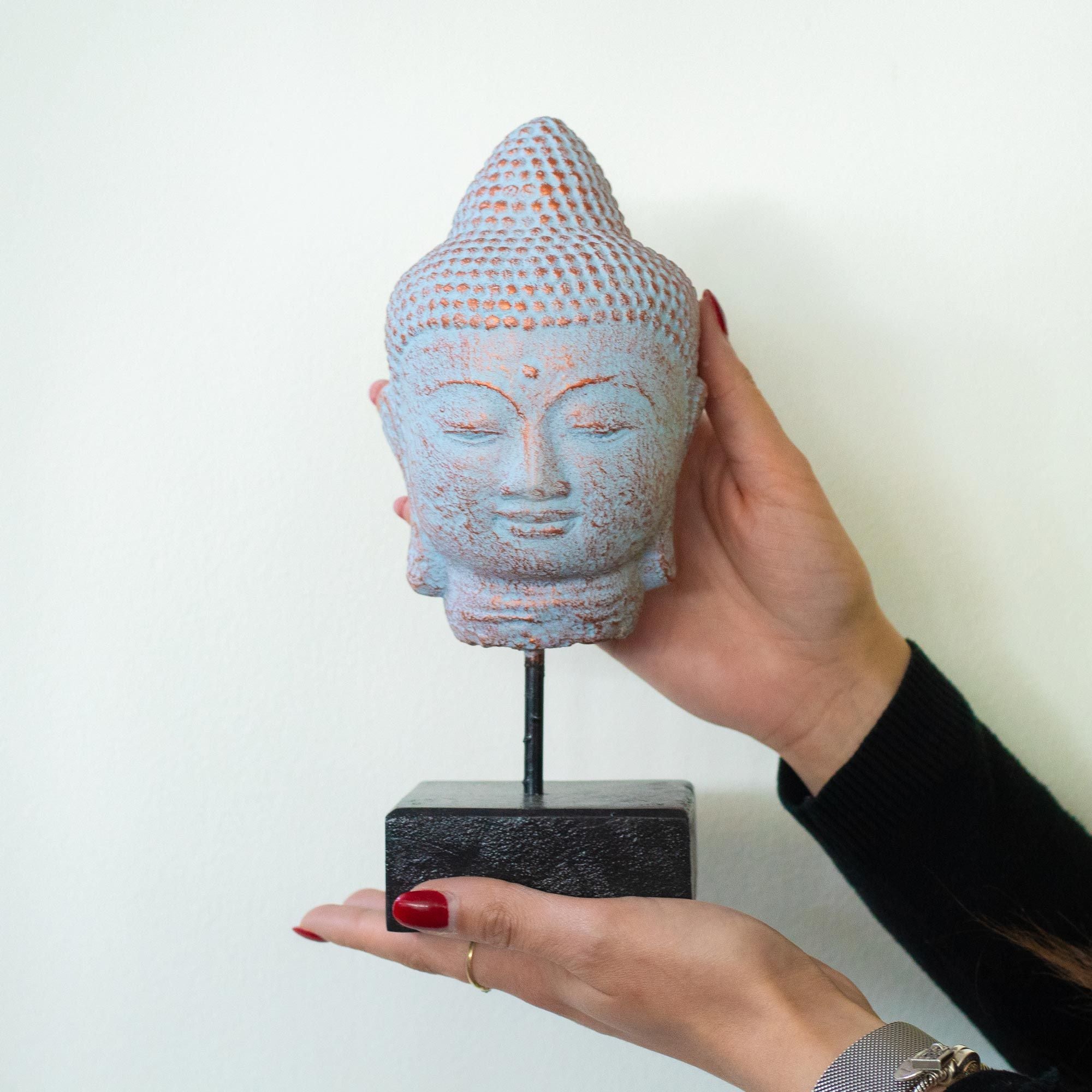 Stillness Buddha Head on Stand in Blue Copper for Serenity Decor