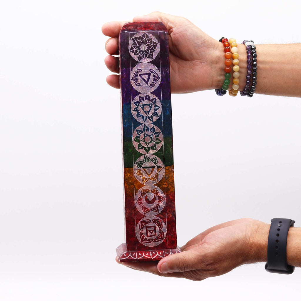 Soapstone Square Tower Incense Holder with 7 Chakra Design