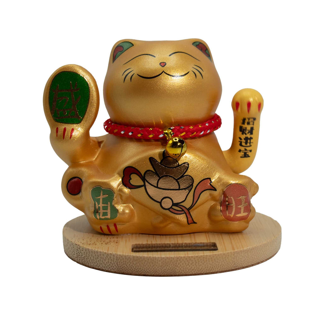 Solar Money Cat with Wooden Base and Gold Moving Hand for Decor