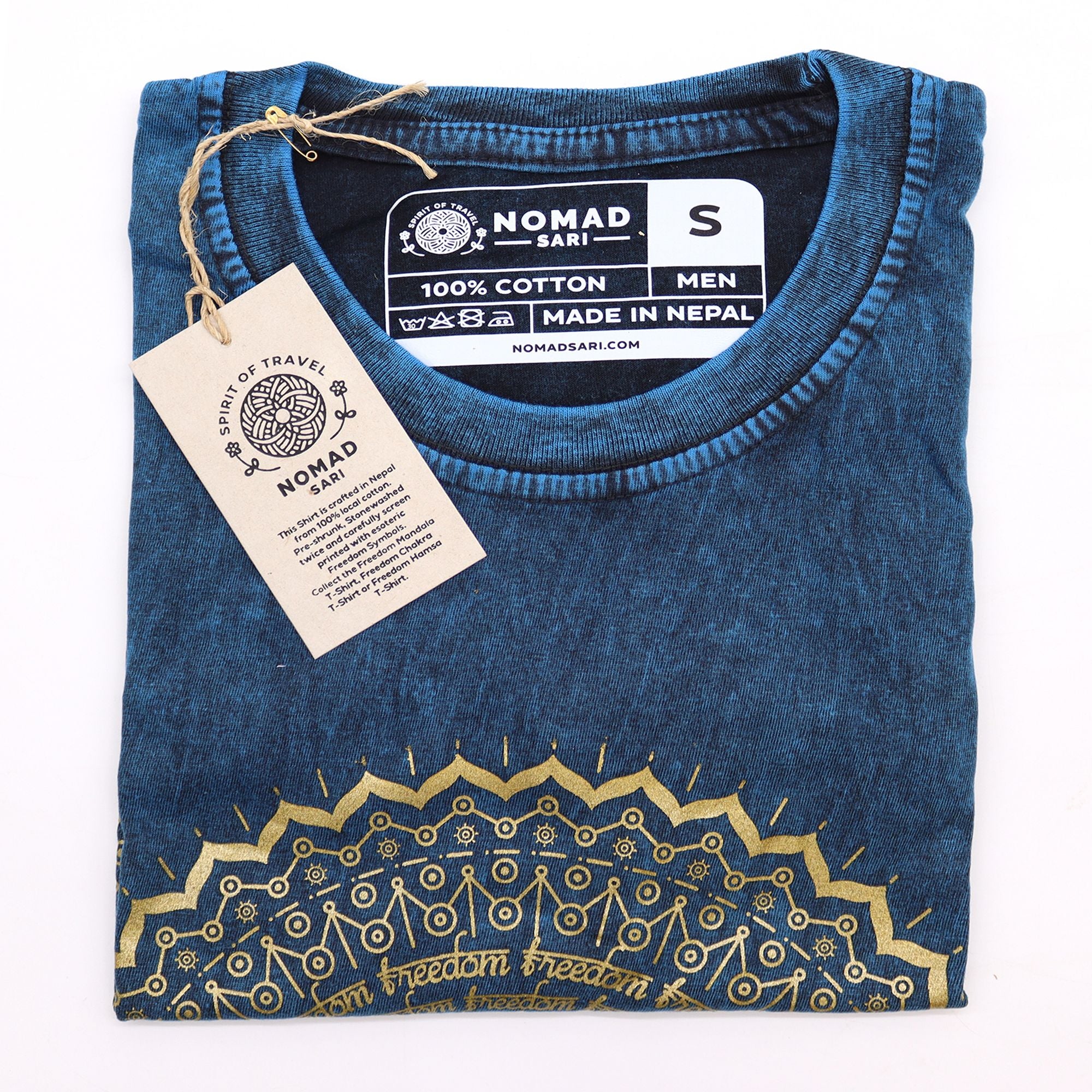 Nomad Sari Stonewashed Cotton T Shirt with Mandala Design Blue