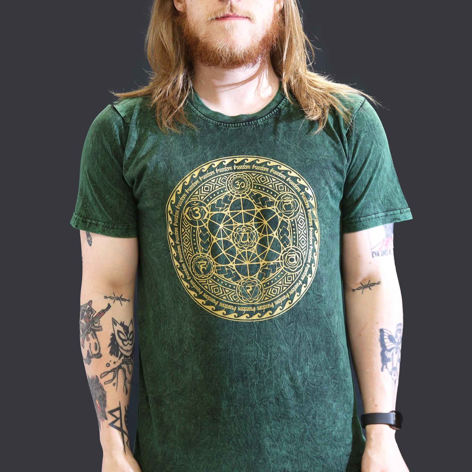 Nomad Sari Stonewashed Cotton T Shirt in Green with Chakra Design