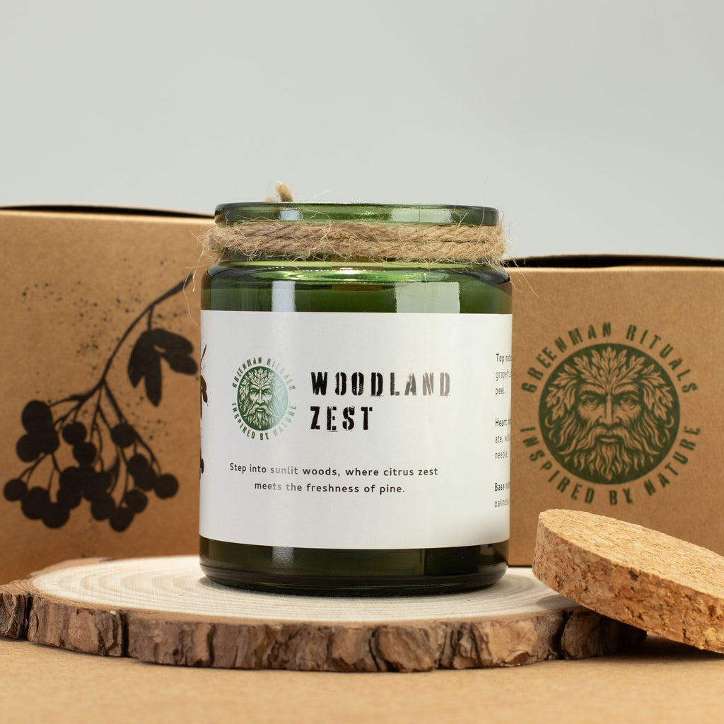 Greenman Woodwick Soy Candle Woodland Zest in Green Glass Jar