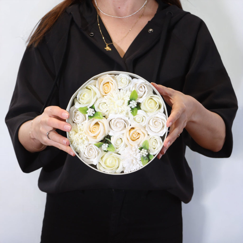 Round Box Wedding Blessings Soap Flowers Gift in White and Ivory