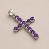 Indian Devotional Pendant - Silver Plated (45cm Chain)- Amethyst Crucifix