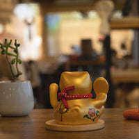 Solar Powered Japanese Lucky Cat on Wooden Base – Gold