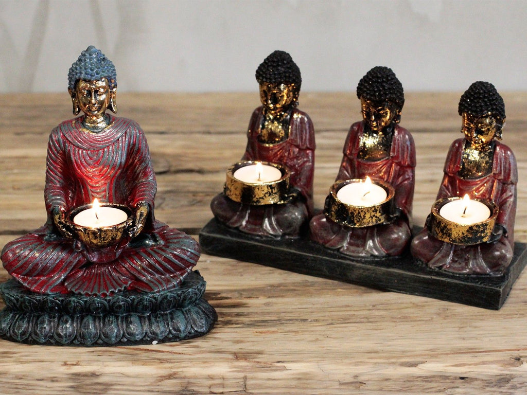 Antique Buddha Three Devotees Candle Holder for Elegant Decor