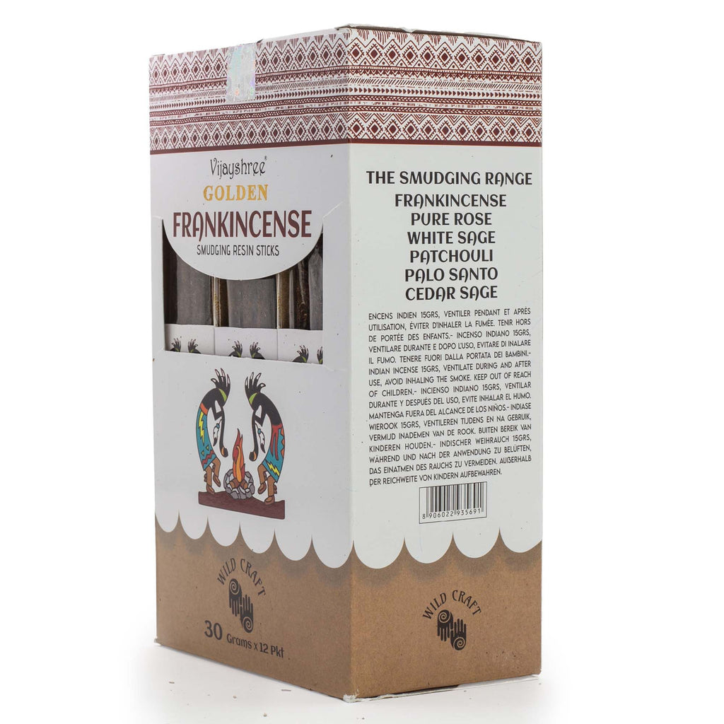 Golden Frankincense Smudging Resin Sticks in Illustrated Box