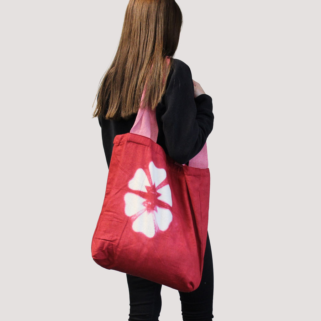 Natural Tye Dye Cotton Bag with Blue Flower Design and Handle