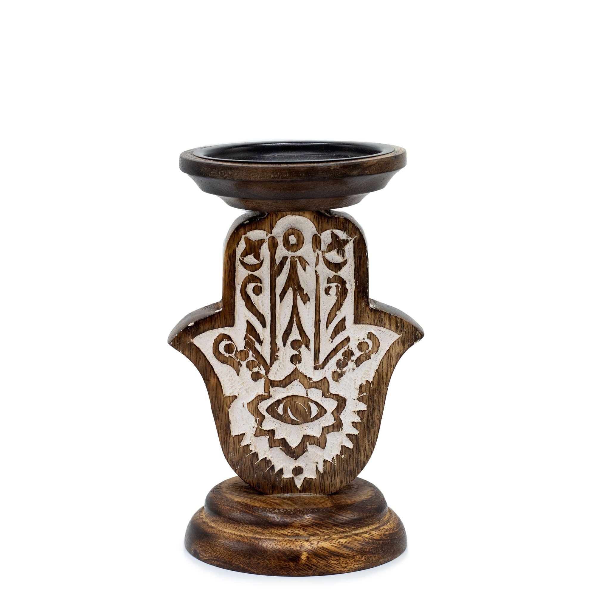 Mango Wood Candle Stand with Hamsa Design for Home Decor