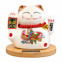 Solar Powered Japanese Lucky Cat on Wooden Base – Pink
