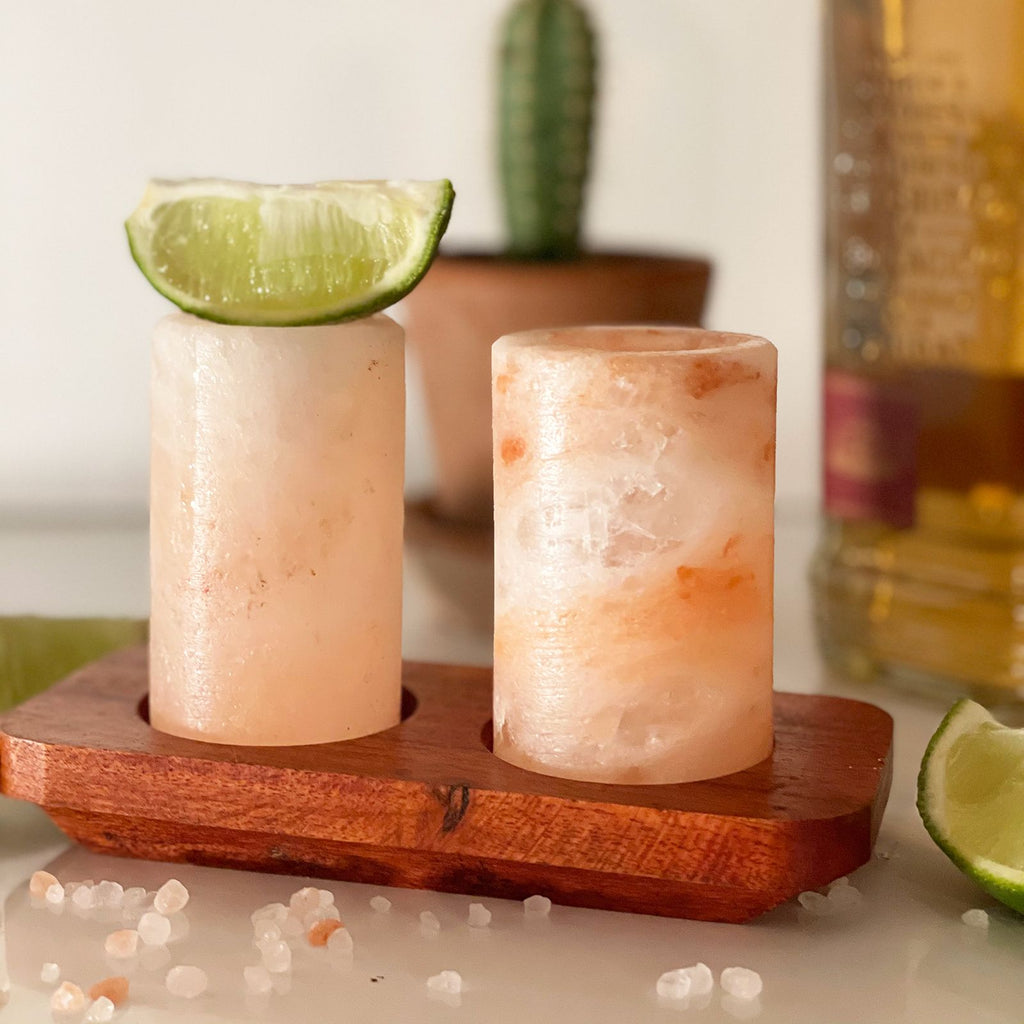 Set of 4 Himalayan Salt Shot Glasses with Wooden Serving Stand