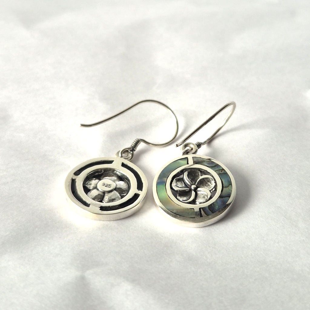Shell & Silver Earrings with Frangipani Design and Abalone Detail