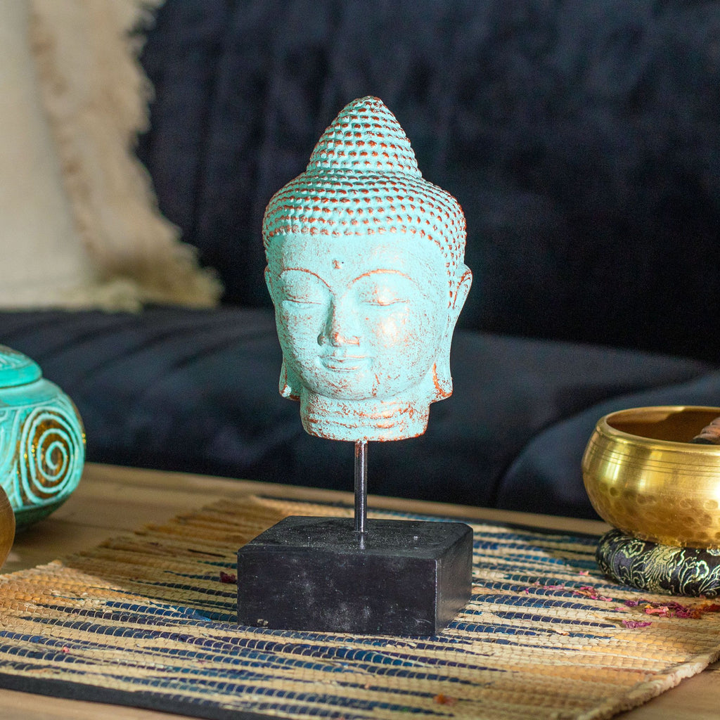 Stillness Buddha Head on Stand Serene Green Copper Home Decor Piece