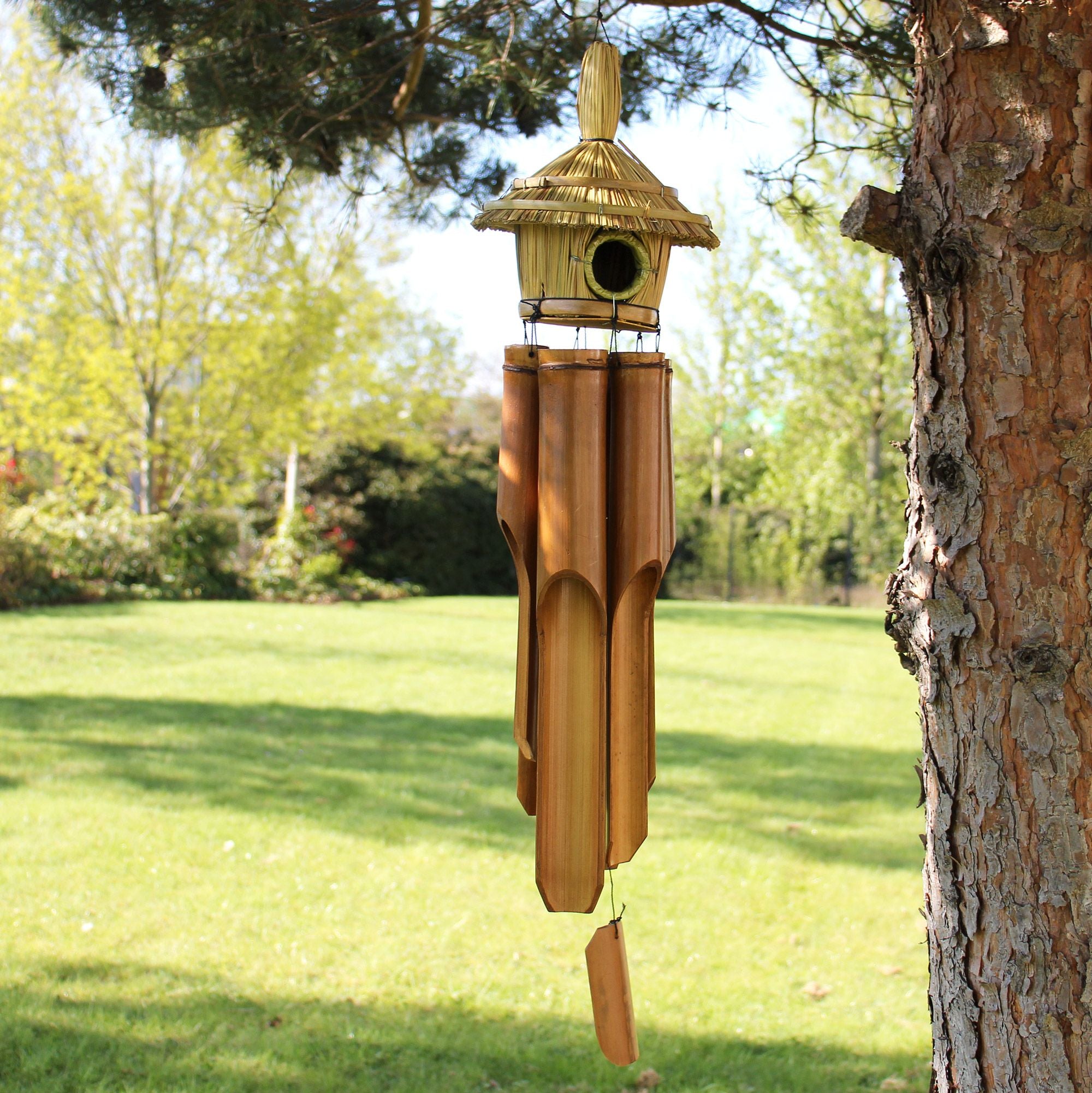 Lrg Round Seagrass Bird Box with Chimes for Your Beautiful Garden