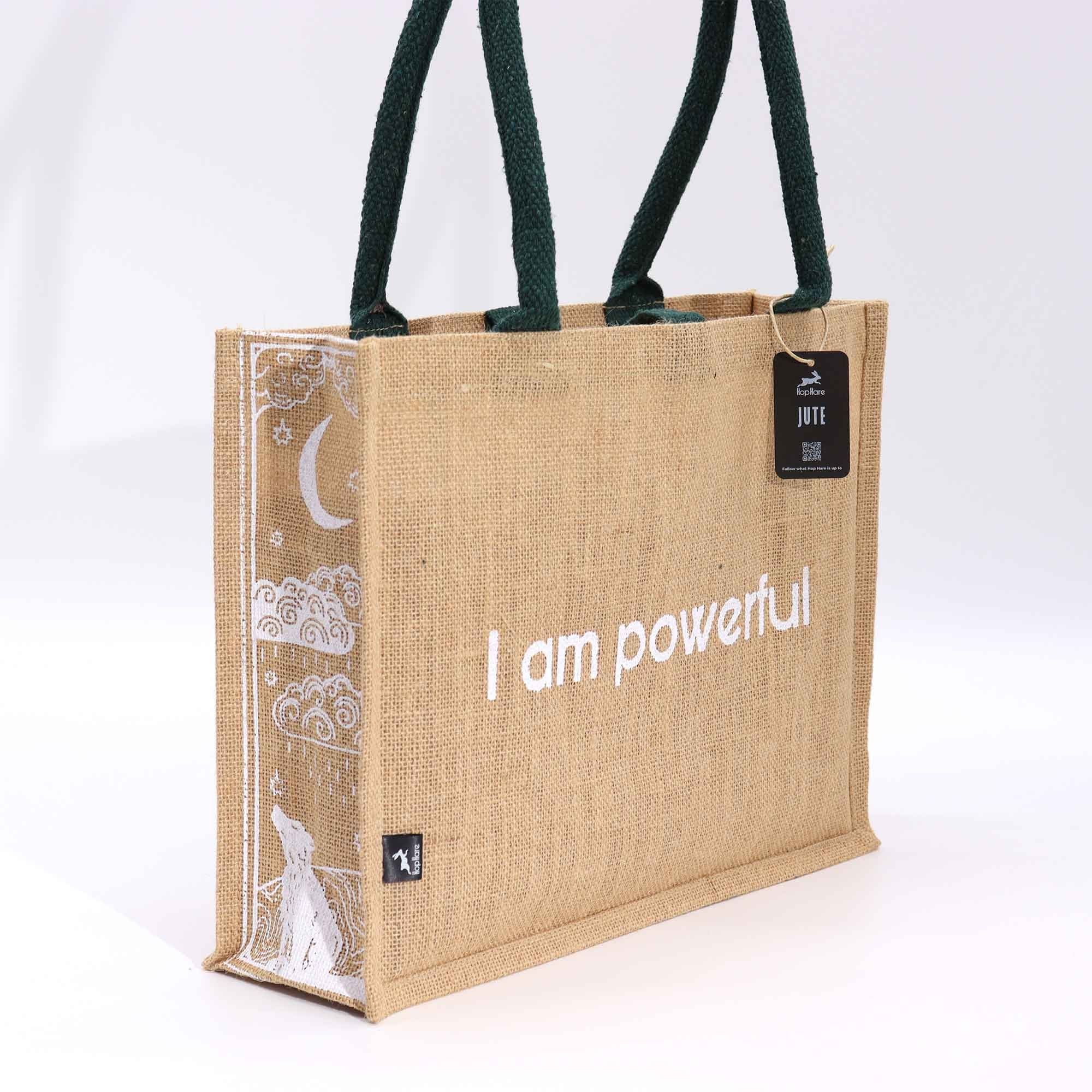 Hop Hare Jute Big Bag with Moon and Wolf Design I am Powerful