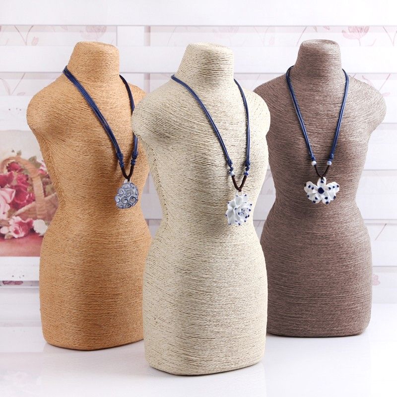 Natural Jewellery Display Mannequin on Wooden Stand in Cream